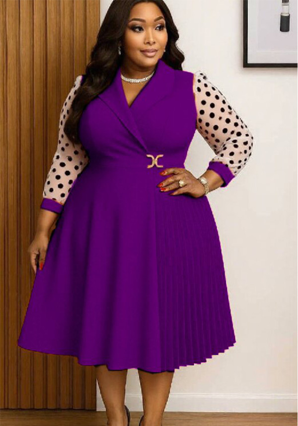 Plus Size Women Polka Dot Patchwork Turndown Collar Pleated Party Dress