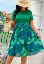 Summer Plus Size Women Round Neck Short Sleeve Tie A-Line Dress Summer Plus Size Women Round Neck Short Sleeve Tie A-Line Dress
