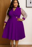 Plus Size Women Polka Dot Patchwork Turndown Collar Pleated Party Dress