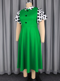 Plus Size Women Green Polka Dot Patchwork Turndown Collar Puff Sleeve Dress