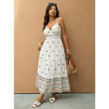 Summer Plus Size Women Geometric Print V-Neck Strap Long Dress