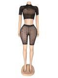 Women's Sexy Flocked Sheer Mesh Two-Piece Fashion Shorts Set