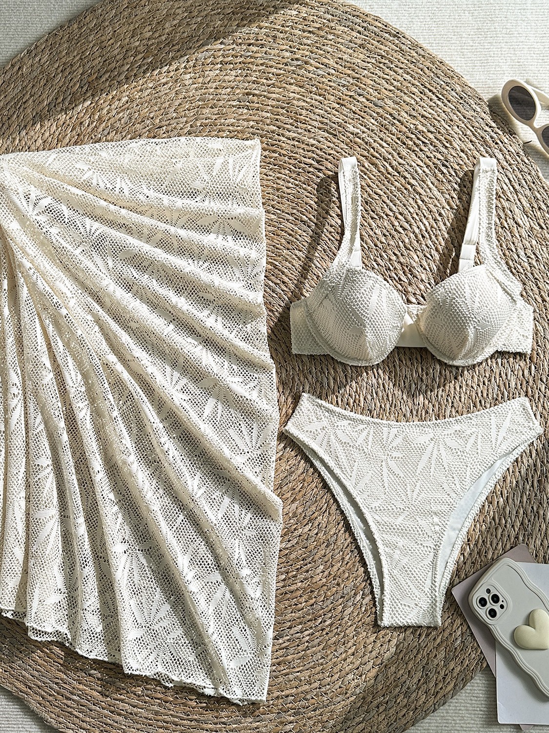 Lace Hollow Three-Piece Bikini Swimsuit for Beach Vacations