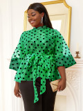 Plus Size Women Polka Dot See Through Organza Lace-Up Blouse Top