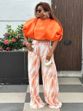 Plus Size Women Orange Puff Sleeve Crop Top and Stripe Wide Leg Pants Set