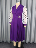 Plus Size Women Polka Dot Patchwork Turndown Collar Pleated Party Dress