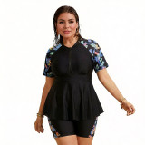 Plus Size Women Zipper Two Piece Swimsuit