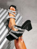 Women Square Toe Rhinestone Strap High Heel Sandals