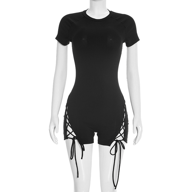 Ribbed Zipper Cross-Tie Romper Jumpsuit for Spring & Summer