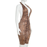 Women Sexy Snake Print Halter Deep V Low Back Lace-Up Jumpsuit