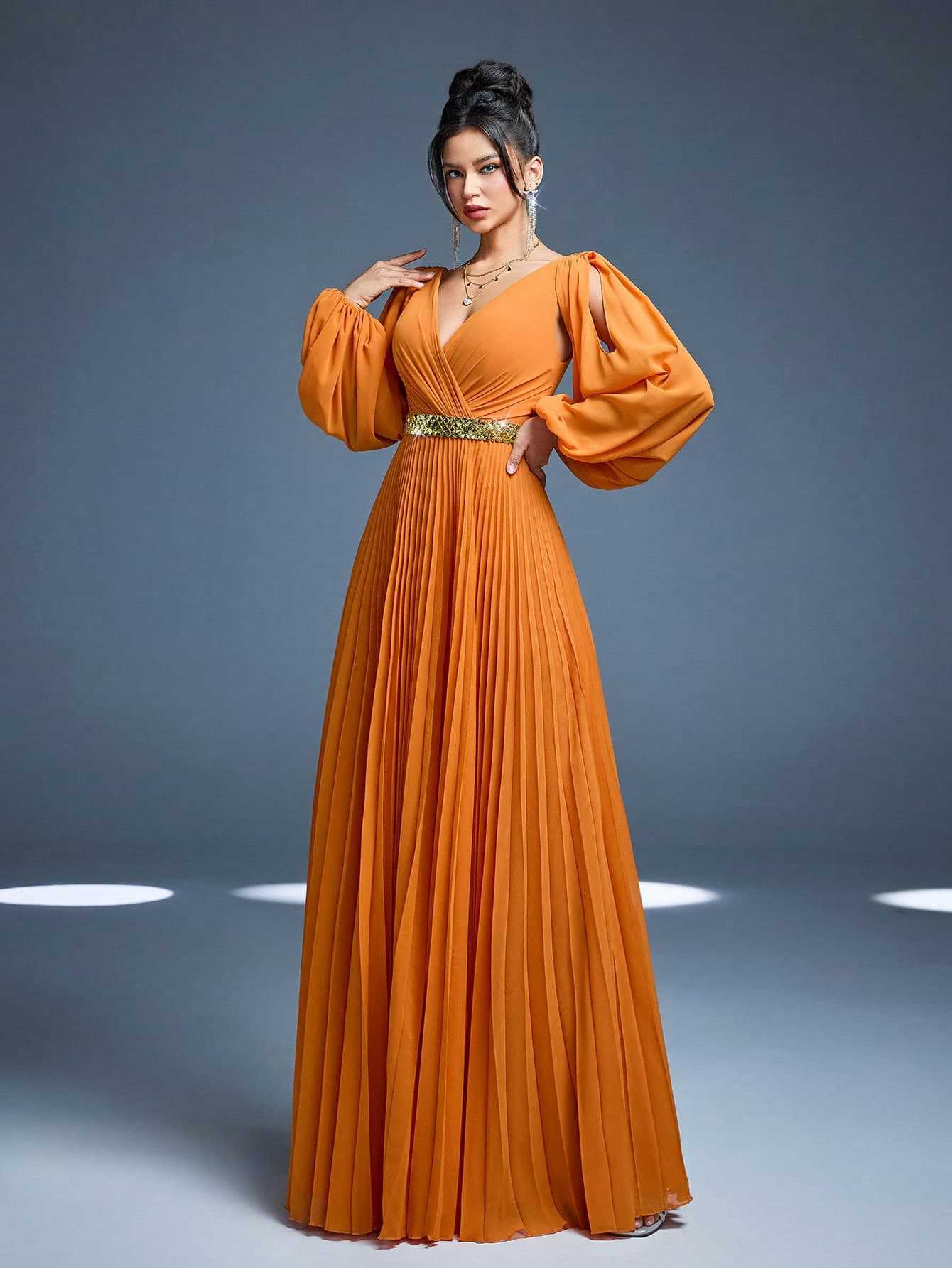 V-Neck Long-Sleeved Elegant Dress for Evening Events