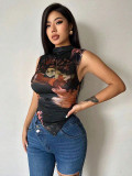 Women printed sleeveless irregular top