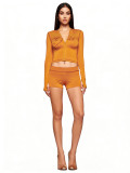 Women Printed Hooded Long-Sleeve Shorts Thumb Buckle Top and Shorts Two-Piece Set