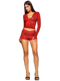 Women Printed Hooded Long-Sleeve Shorts Thumb Buckle Top and Shorts Two-Piece Set