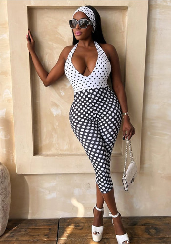 Women Sexy Black and White Polka Dot Jumpsuit