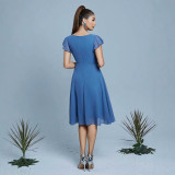 Women Blue Evening V-Neck Maxi Formal Party Dress