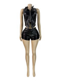 Women Pu-Leather Stand Collar Zipper Sleeveless Top and Shorts Two-Piece Set