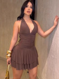 Spring Summer Women Sexy Deep V Halter Low Back Mini Dress