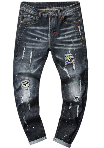 Men's Ripped Embroidered Stretchy Denim Trousers