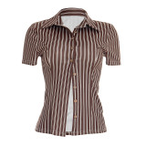 Women Spring/Summer Turndown Collar Striped Button-Down Shirt and Skirt Two-Piece Set
