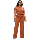 Women Fashion Off Shoulder Pleated Wide Leg Two Piece Pants Set