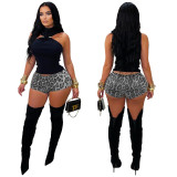 Women Leopard Print Sequin Shorts Sexy Bodycon Stretchy Shorts