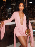 Women Mesh See-Through Halter Neck Backless Bell Bottom Sleeve Bodycon Dress