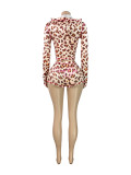 Women Printed Hooded Long-Sleeve Shorts Thumb Buckle Top and Shorts Two-Piece Set