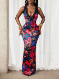 Women summer sexy V-necklace patchwork printed sleeveless floral bodysuit dress
