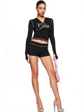 Women Printed Hooded Long-Sleeve Shorts Thumb Buckle Top and Shorts Two-Piece Set