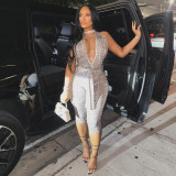 Women Sexy Snake Print Halter Deep V Low Back Lace-Up Jumpsuit