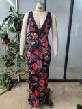 Women summer sexy V-necklace patchwork printed sleeveless floral bodysuit dress