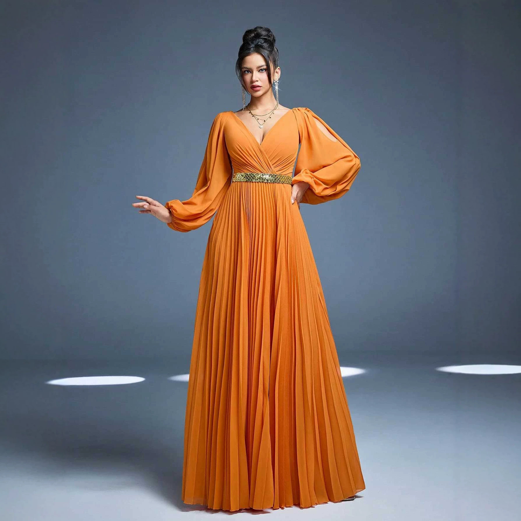 V-Neck Long-Sleeved Elegant Dress for Evening Events
