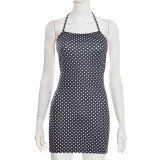 Spring Women Sexy Polka Dot Halter Lace-Up Low Back Mini Dress