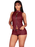 Women Pu-Leather Stand Collar Zipper Sleeveless Top and Shorts Two-Piece Set