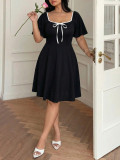 Plus Size Women Black Square Neck Bow A-Line Dress