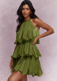 Women Summer Halter Neck Sleeveless Tulle Ruffle Elegant Dress