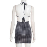 Spring Women Sexy Polka Dot Halter Lace-Up Low Back Mini Dress