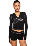 Women Printed Hooded Long-Sleeve Shorts Thumb Buckle Top and Shorts Two-Piece Set