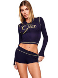 Women Printed Hooded Long-Sleeve Shorts Thumb Buckle Top and Shorts Two-Piece Set