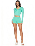 Women Printed Hooded Long-Sleeve Shorts Thumb Buckle Top and Shorts Two-Piece Set