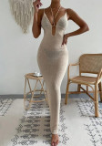 Women sexy hollow-out Lace-Up Halter Neck Patchwork Maxi Dress