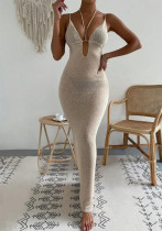 Women sexy hollow-out Lace-Up Halter Neck Patchwork Maxi Dress
