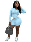 Women Printed Hooded Long-Sleeve Shorts Thumb Buckle Top and Shorts Two-Piece Set