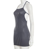 Spring Women Sexy Polka Dot Halter Lace-Up Low Back Mini Dress