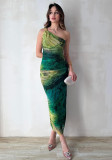 Women Summer Elegant Slash Shoulder Printed Dress