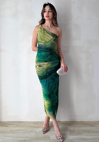 Women Summer Elegant Slash Shoulder Printed Dress