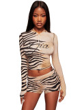 Women Printed Hooded Long-Sleeve Shorts Thumb Buckle Top and Shorts Two-Piece Set