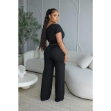 Women Fashion Off Shoulder Pleated Wide Leg Two Piece Pants Set
