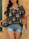 Summer Plus Size Women V-Neck Tie Ruffle Sleeve Chiffon Blouse